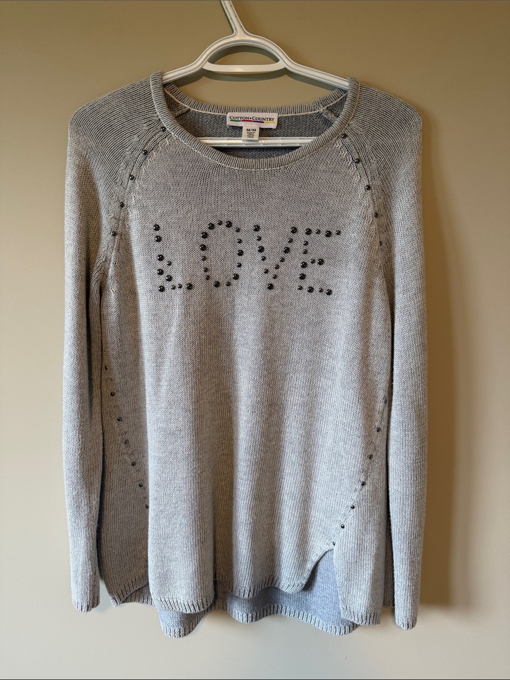 Cotton Country Gray Studded LOVE Pullover Knit Sweater Side Slit Size Medium